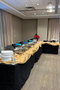 Upscale catering buffet line for company holiday party