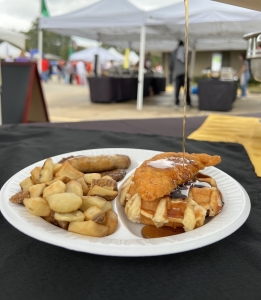 Chicken and Waffles, Home Fries, Sausage served at employee appreciation event